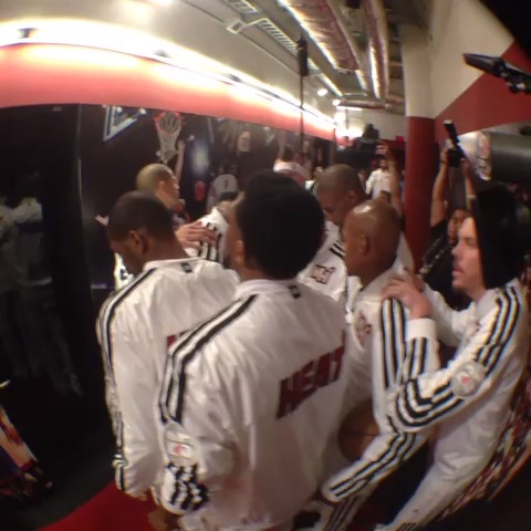 The @MiamiHEAT huddle up before taking the floor for #NBAFinals Game 6.